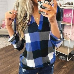 Buffalo Plaid Blue White Black V-Neck Top